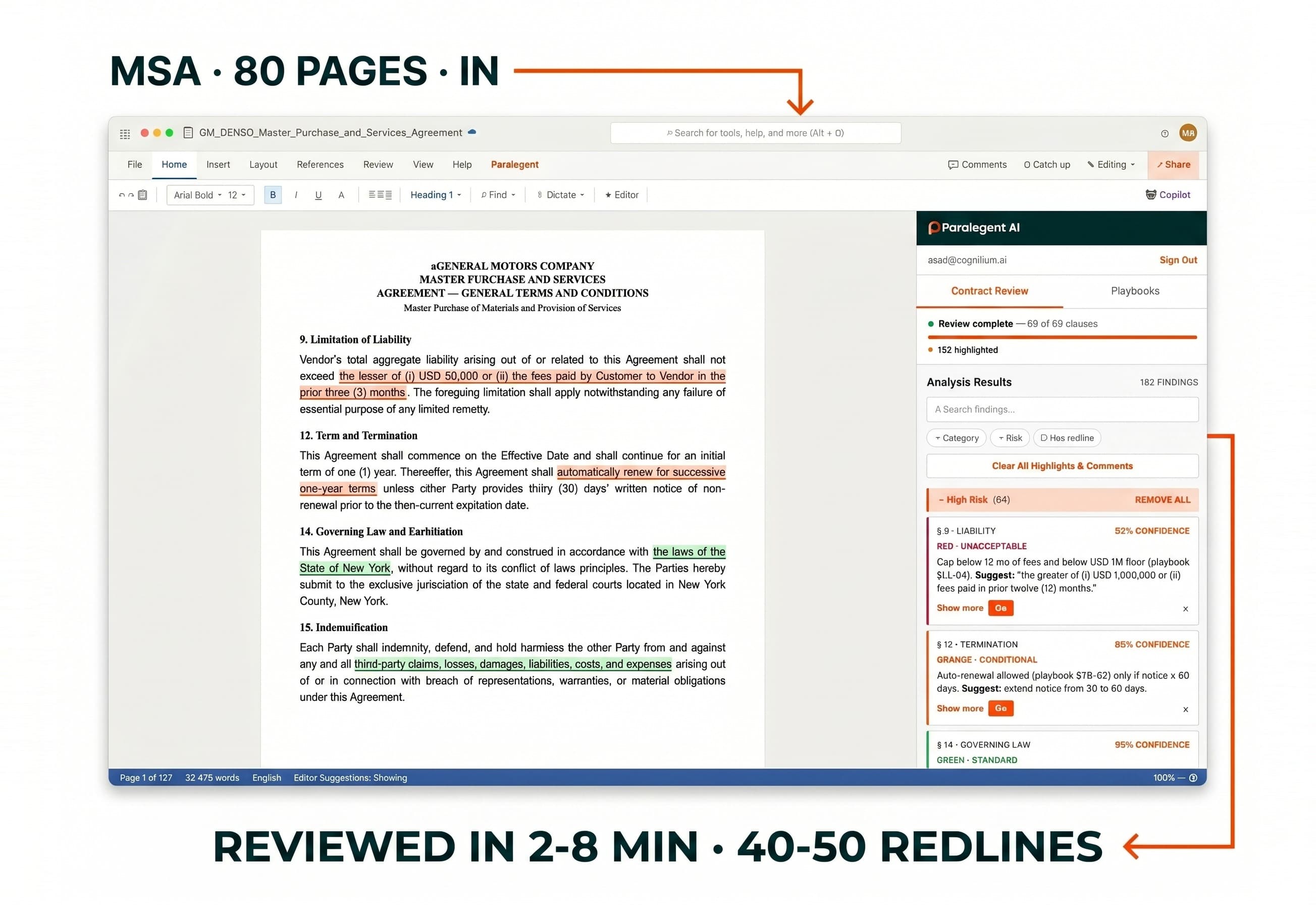 Paralegent AI Word add-in — MSA 80 pages reviewed in 2-8 minutes with 40-50 redlines