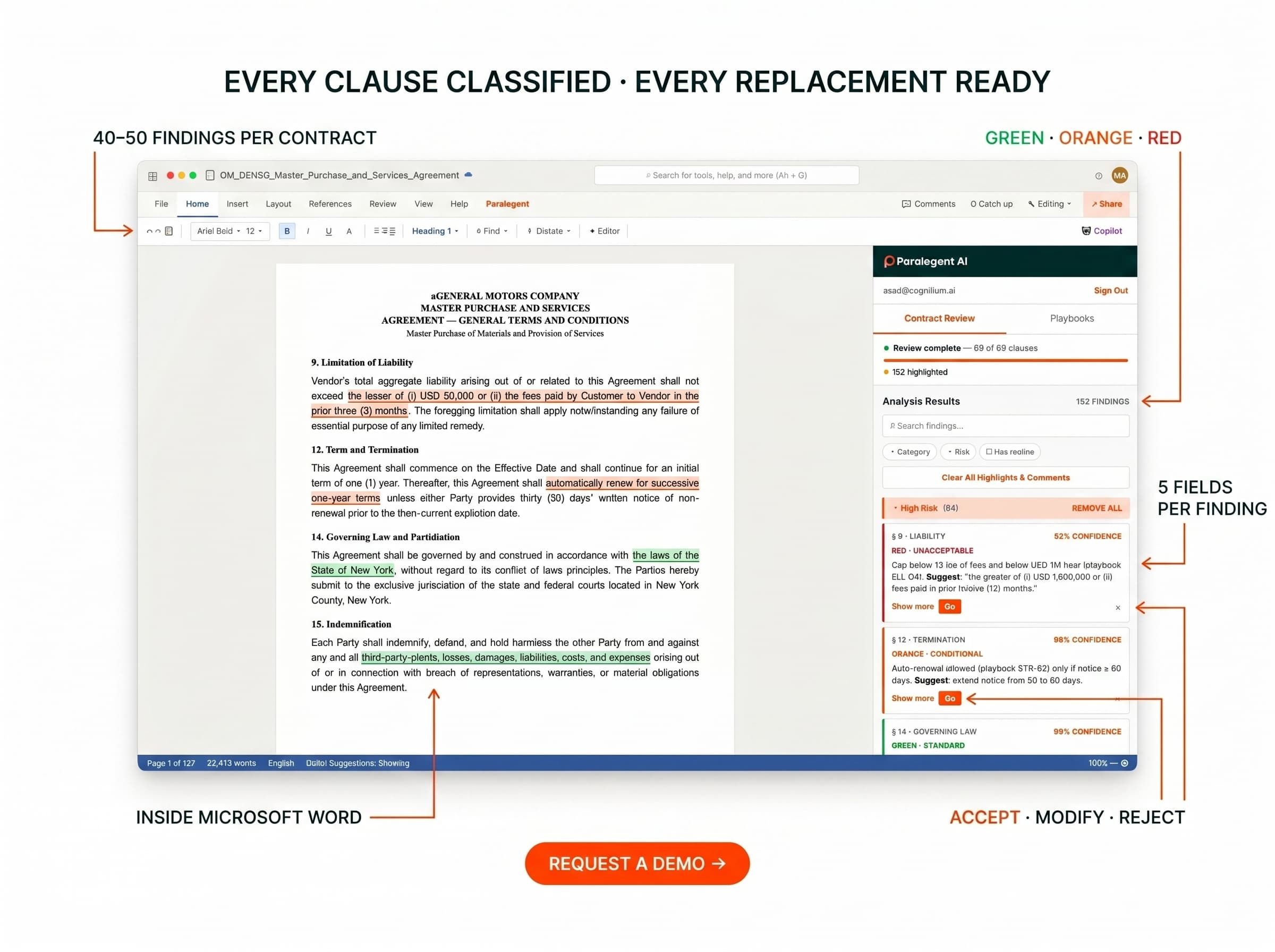 Paralegent AI redlines inside Microsoft Word with GREEN/ORANGE/RED clause classification
