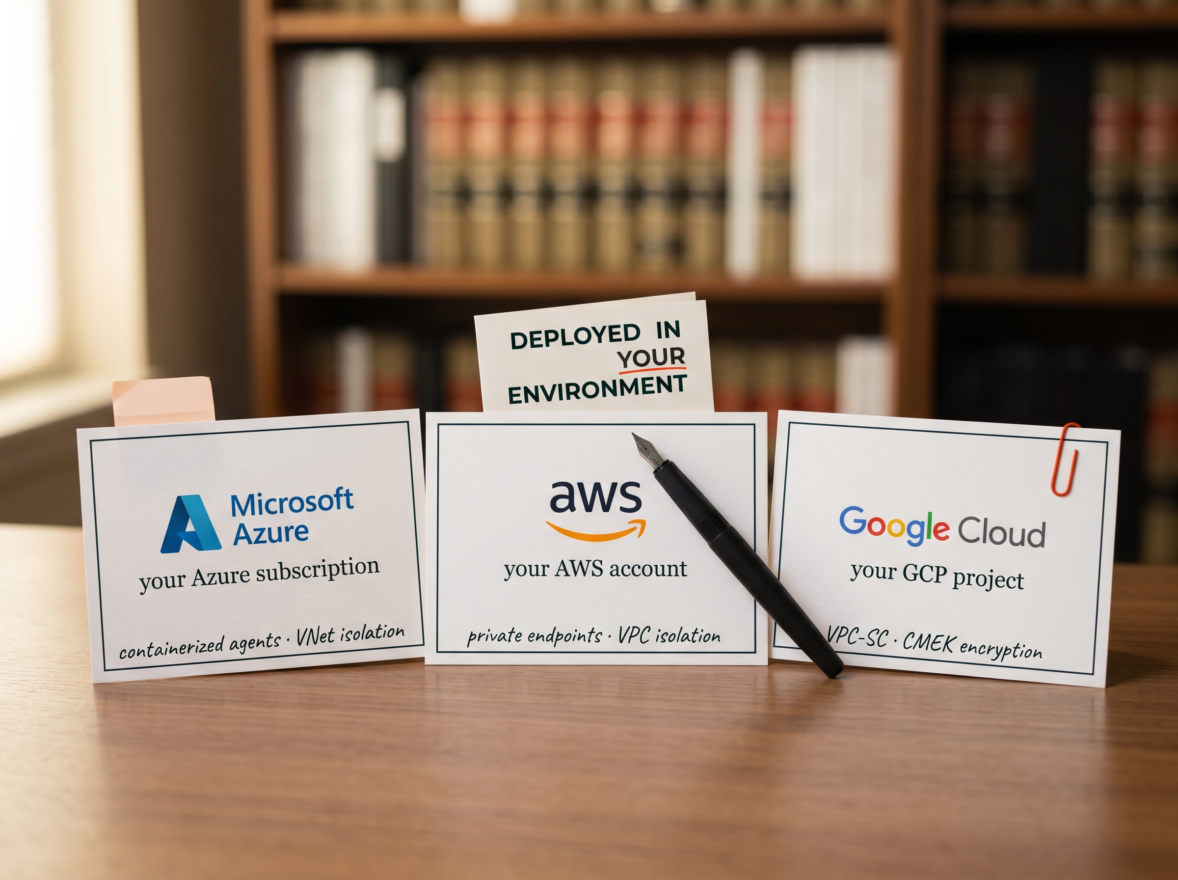 Three letterpress cards on a desk — Microsoft Azure (your Azure subscription · containerized agents · VNet isolation), AWS (your AWS account · private endpoints · VPC isolation), Google Cloud (your GCP project · VPC-SC · CMEK encryption) — with a DEPLOYED IN YOUR ENVIRONMENT banner behind them