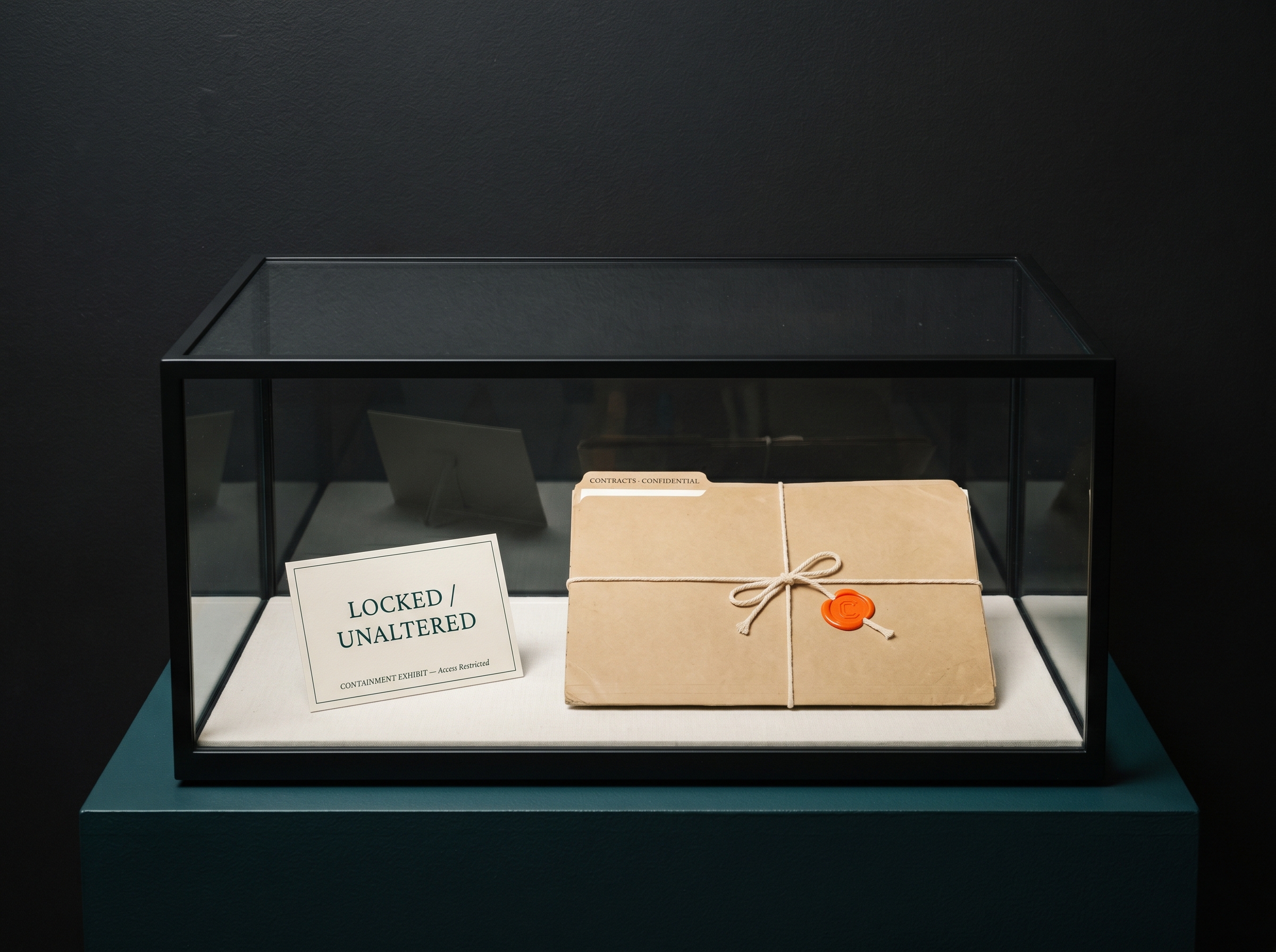 A wax-sealed CONTRACTS · CONFIDENTIAL folder behind glass on a museum plinth alongside a LOCKED / UNALTERED · CONTAINMENT EXHIBIT — Access Restricted placard — contracts sealed inside the customer environment, never released
