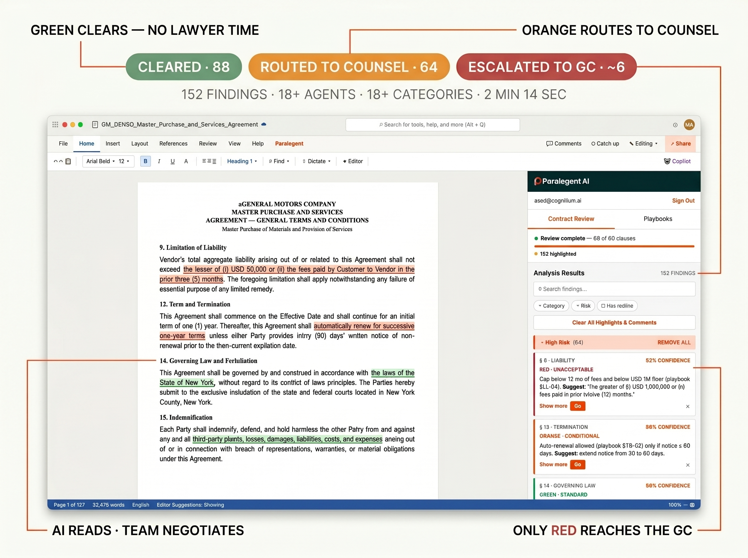 Paralegent AI handles the first pass so the GC team focuses on negotiation and judgment