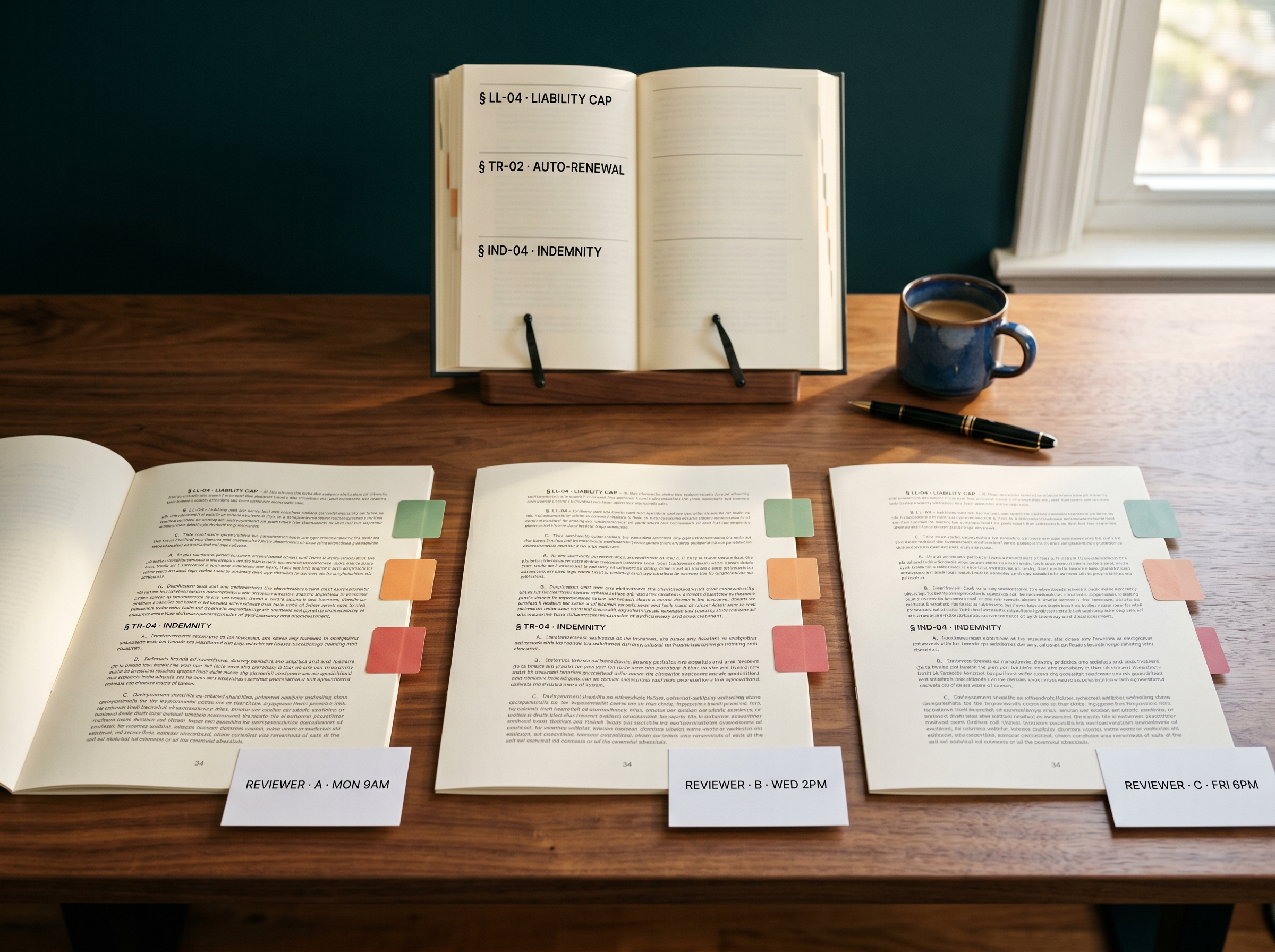 Same playbook applied on every contract, every reviewer, every time — no subjective variation
