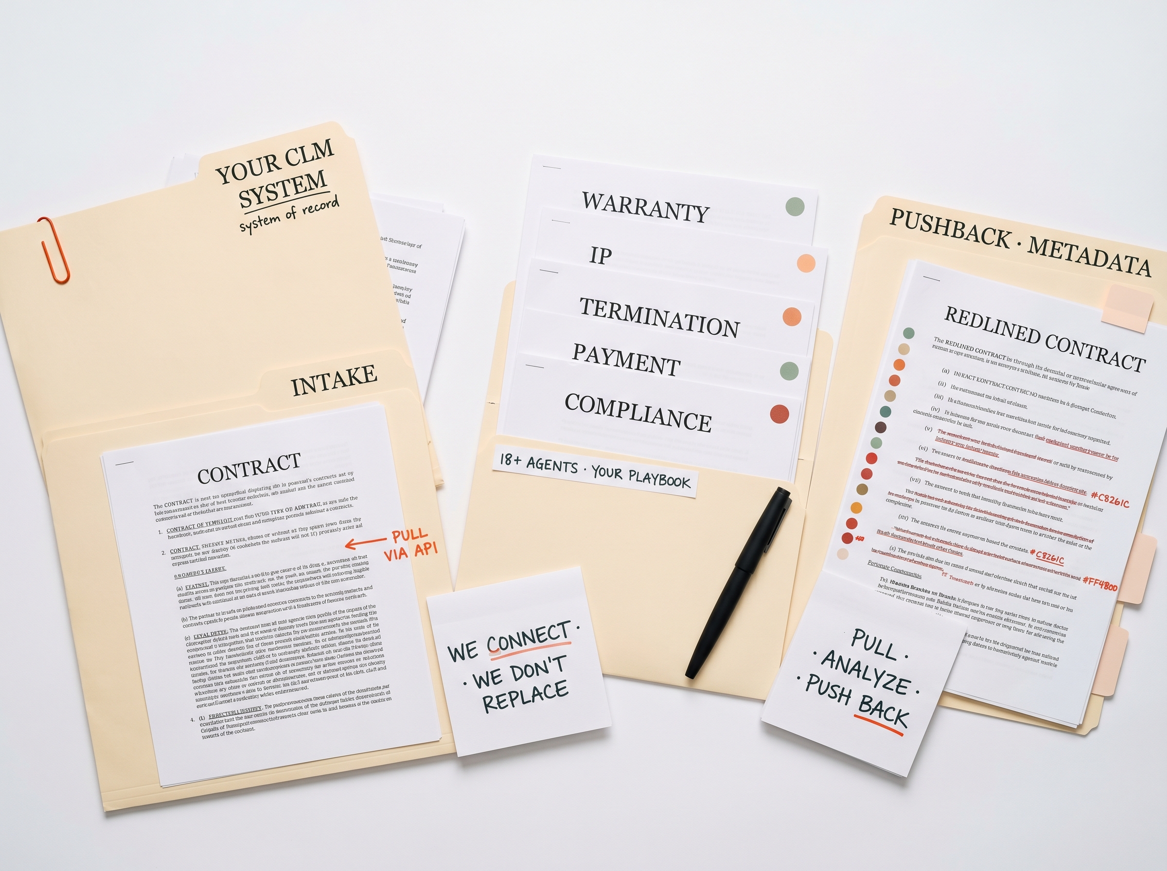 Three case folders — YOUR CLM SYSTEM (system of record, contract pulled via API), 18+ AGENTS · YOUR PLAYBOOK (Warranty/IP/Termination/Payment/Compliance strips with risk dots), and PUSHBACK · METADATA (redlined contract) — with WE CONNECT · WE DON’T REPLACE and PULL · ANALYZE · PUSH BACK notes