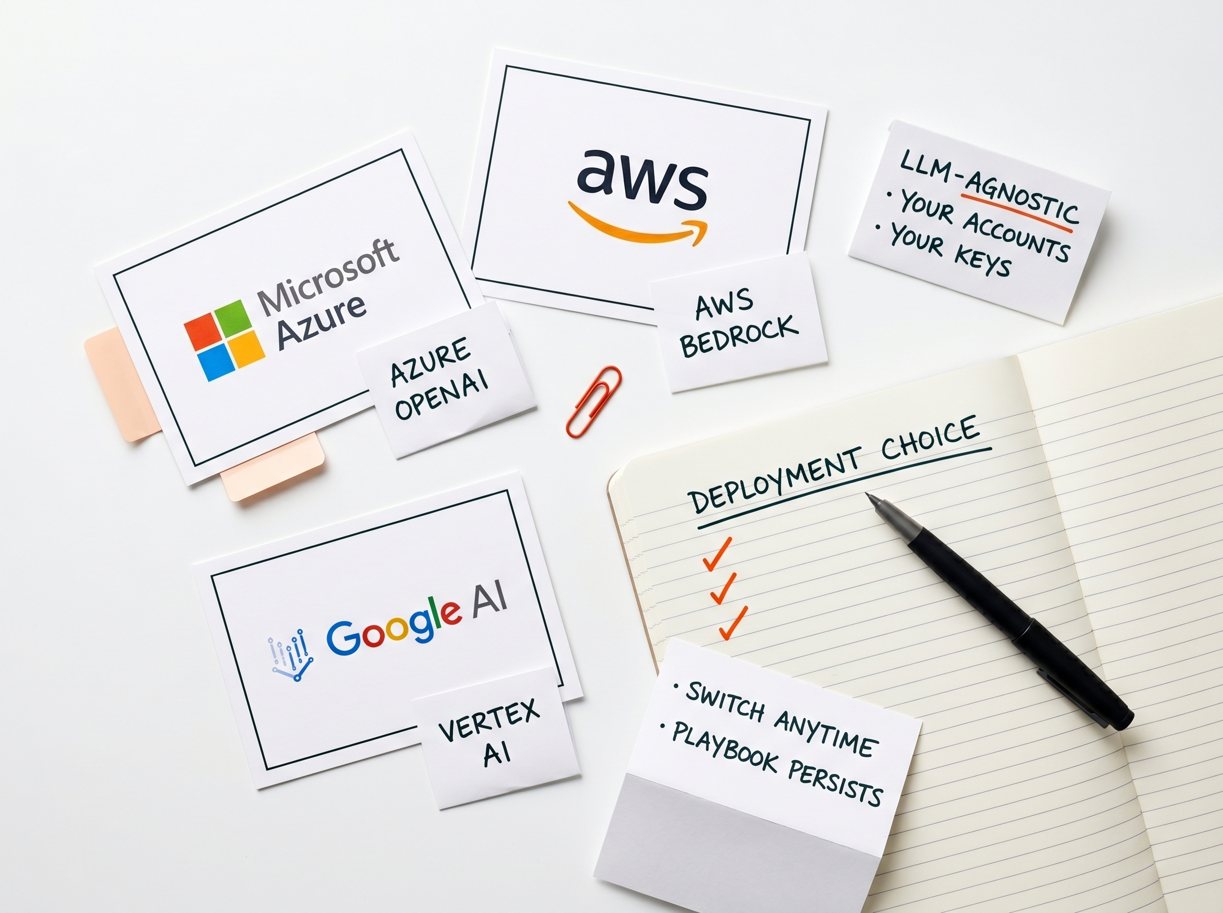 Microsoft Azure, AWS, and Google AI cards each tagged with their LLM (Azure OpenAI, AWS Bedrock, Vertex AI) alongside an LLM-AGNOSTIC · YOUR ACCOUNTS · YOUR KEYS note and a Deployment Choice notebook reading Switch Anytime · Playbook Persists