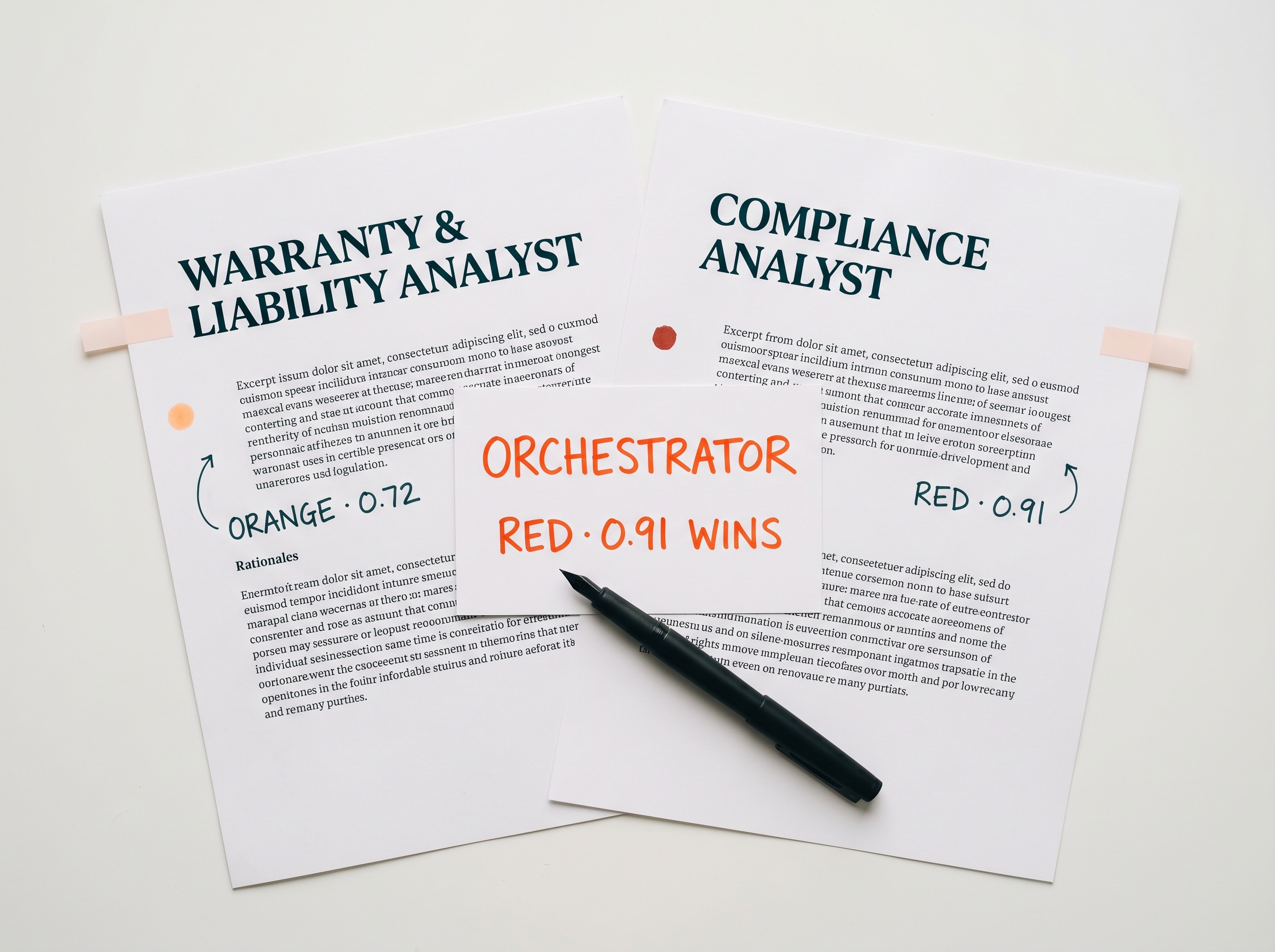 WarrantyLiabilityAnalyst page flagging ORANGE · 0.72 next to ComplianceAnalyst page flagging RED · 0.91, with an ORCHESTRATOR · RED · 0.91 WINS card between them — higher-confidence classification resolves the conflict