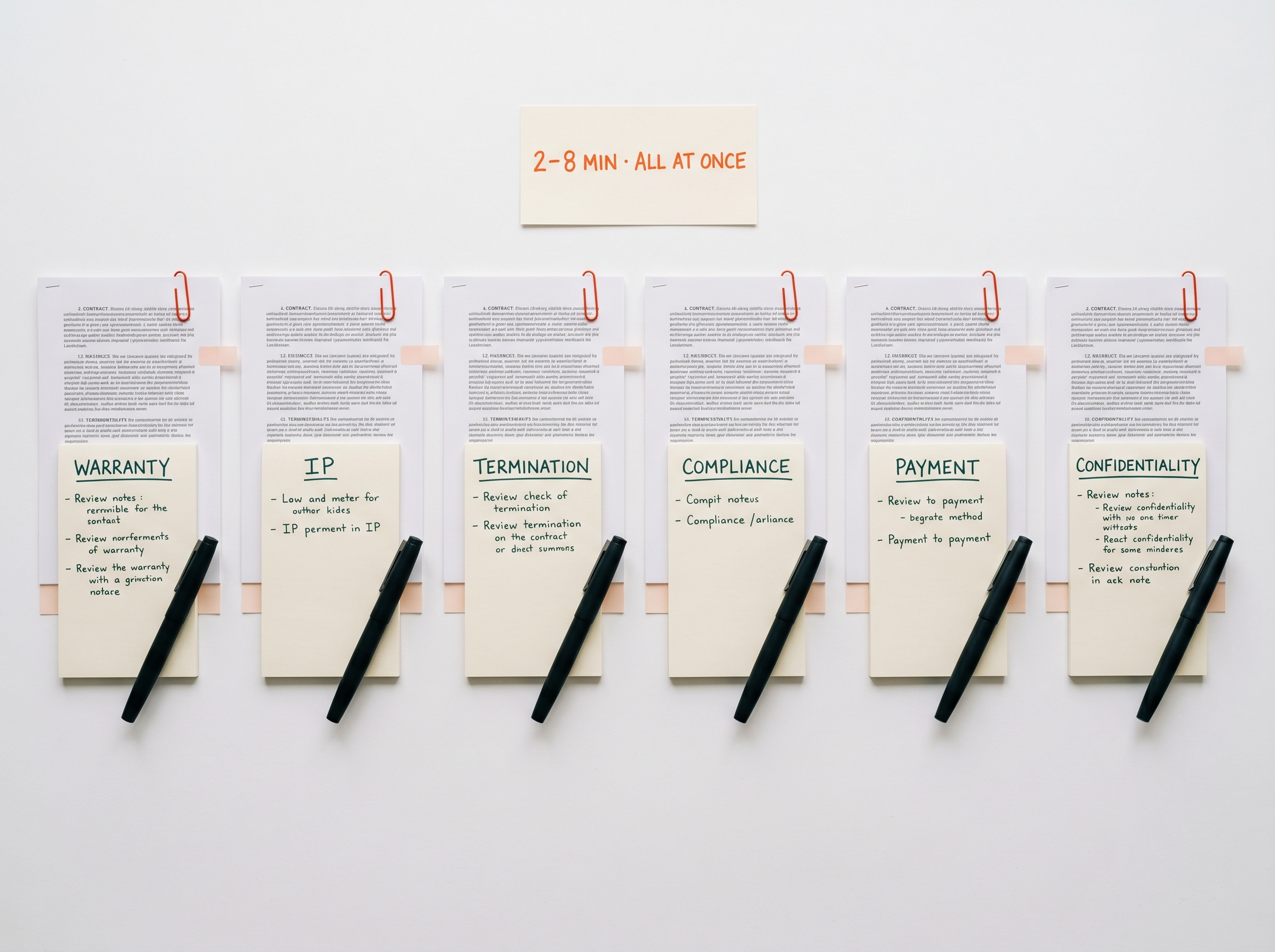 Six specialist agent notes (Warranty, IP, Termination, Compliance, Payment, Confidentiality) clipped to contract pages side by side under a 2-8 MIN · ALL AT ONCE label — agents analyzing in parallel, not sequentially