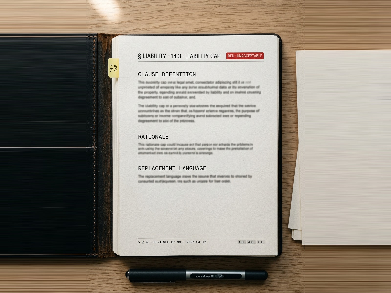 Paralegent playbook page on a desk — Liability §14.3 tagged RED · UNACCEPTABLE with clause definition, rationale, and replacement language