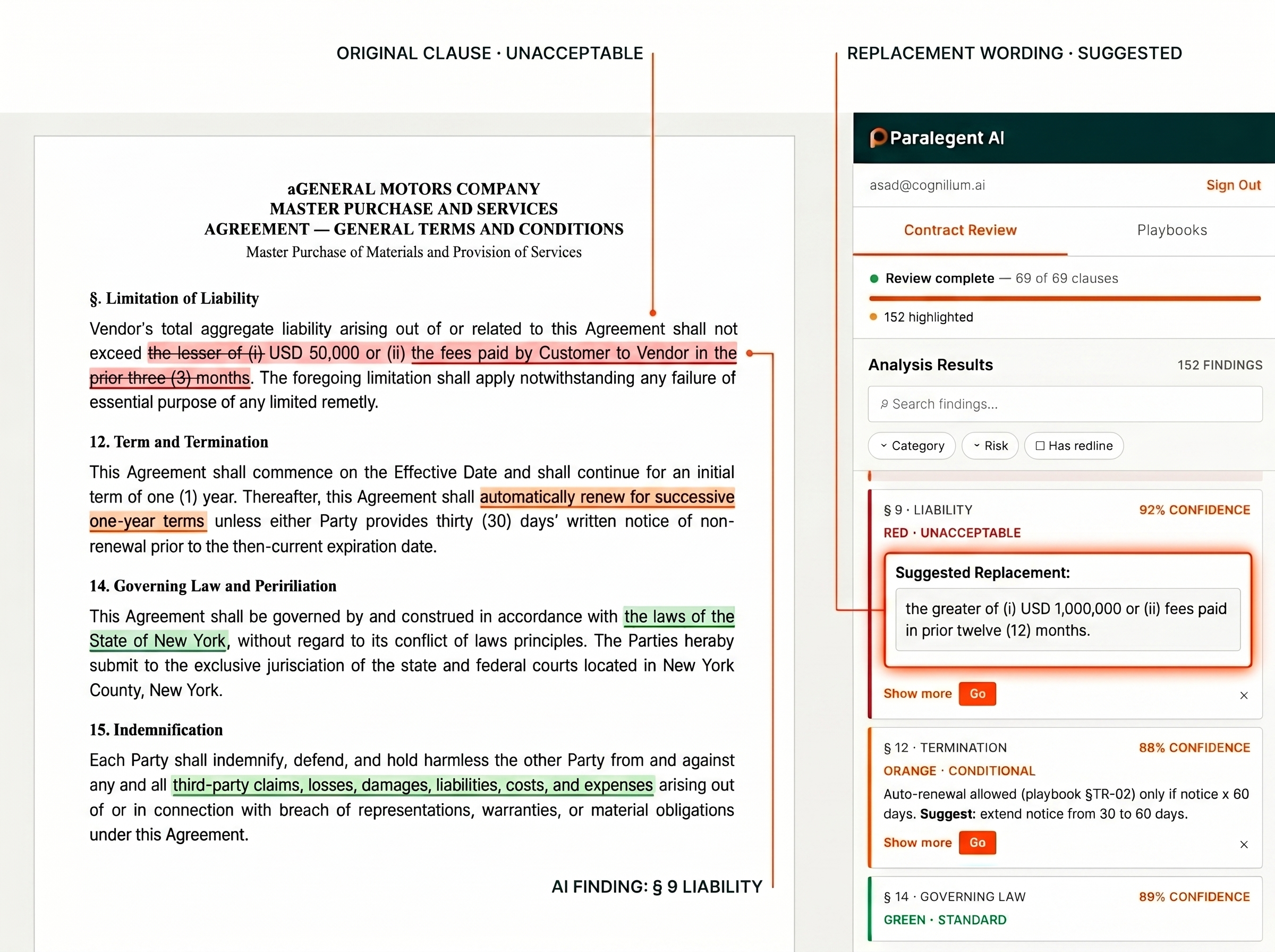 Word document with an UNACCEPTABLE §9 Limitation of Liability clause linked by orange line to the Paralegent sidebar — Suggested Replacement: "the greater of (i) USD 1,000,000 or (ii) fees paid in prior twelve (12) months" — ready to copy-paste