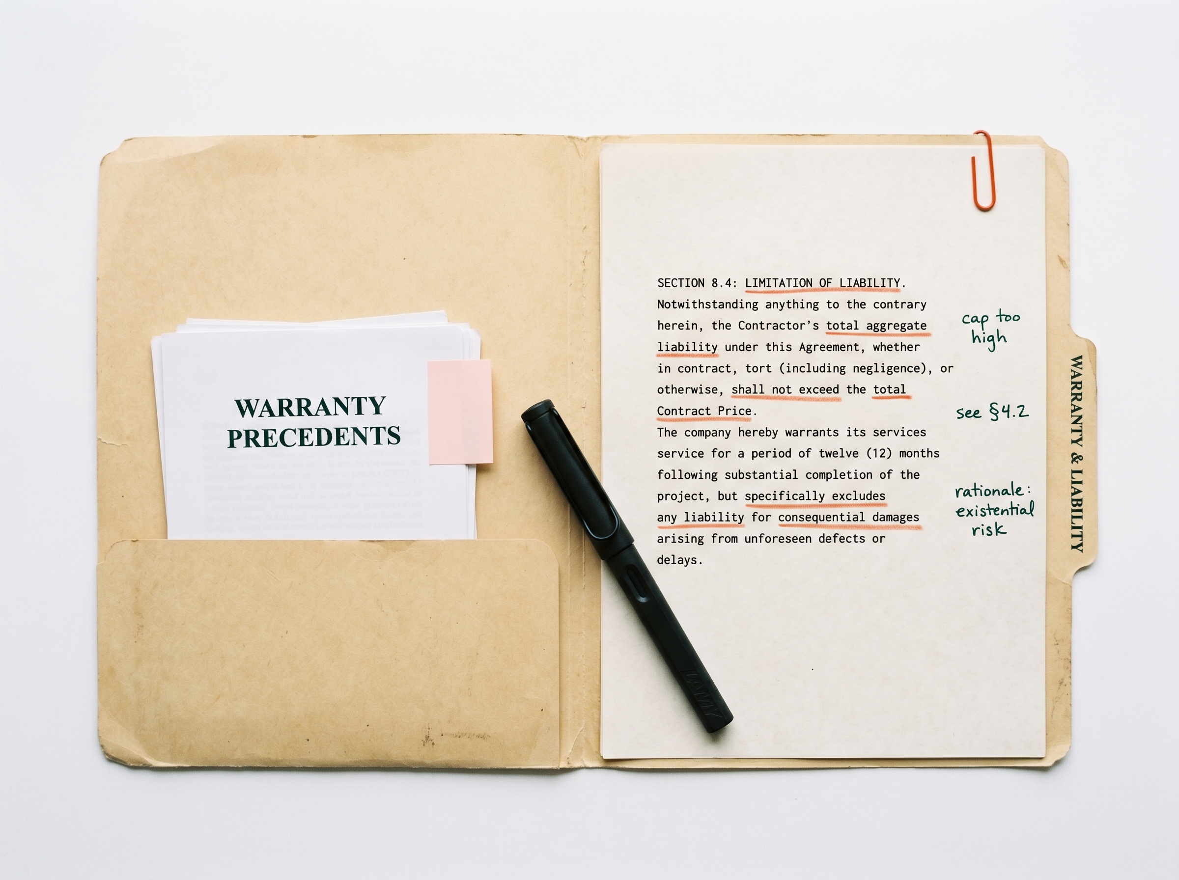 WARRANTY & LIABILITY case folder containing only warranty precedents and a Section 8.4 Limitation of Liability clause annotated cap too high, see §4.2, rationale: existential risk — one specialist agent, one legal domain