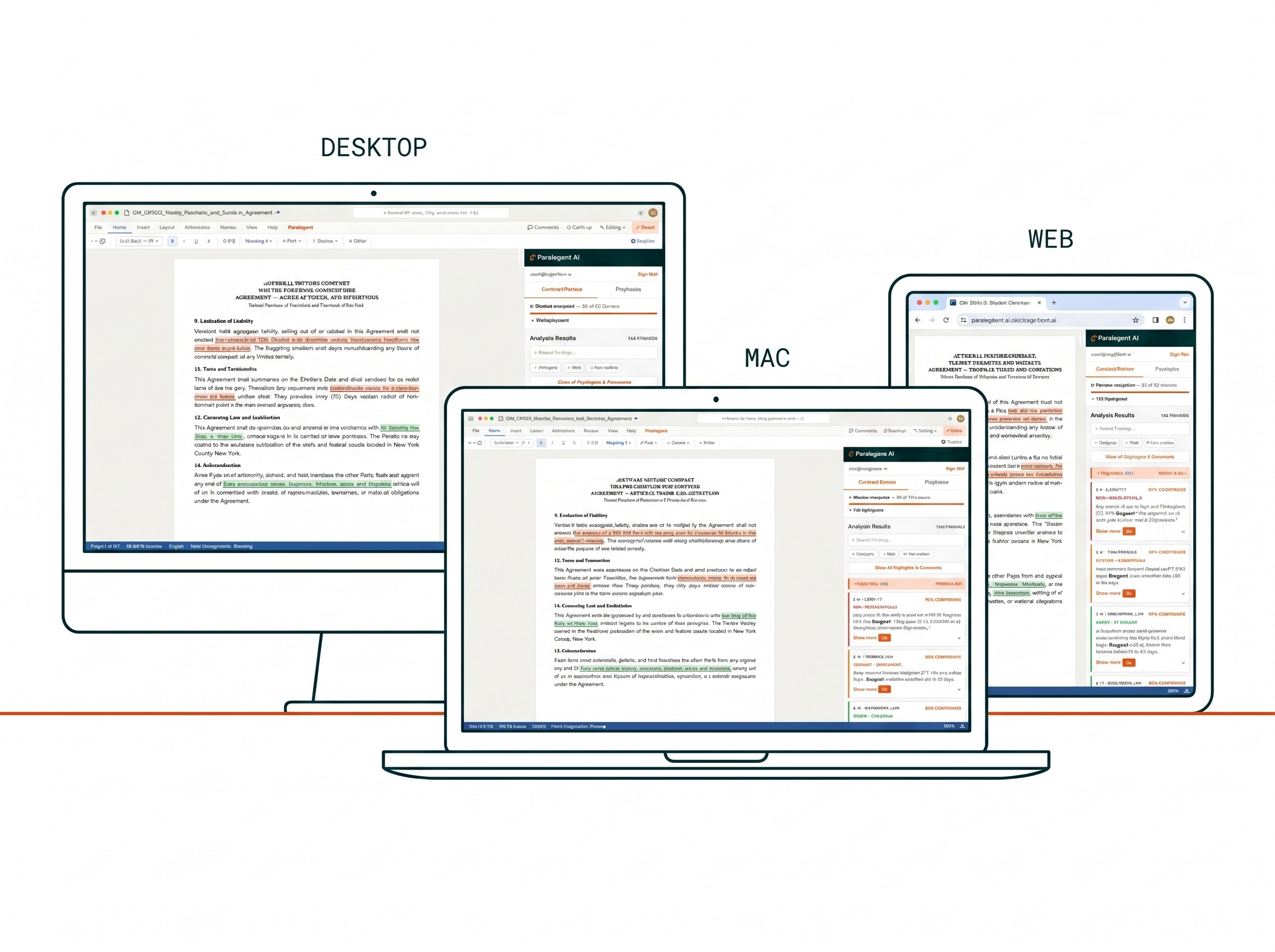 Paralegent AI add-in running inside Microsoft Word on desktop, Mac, and web — same sidebar, same redlines on every surface